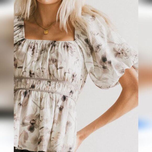 Böhme. Gray and Pink Puff Sleeve Smocked Blouse. Size XL. NWT - Picture 1 of 10